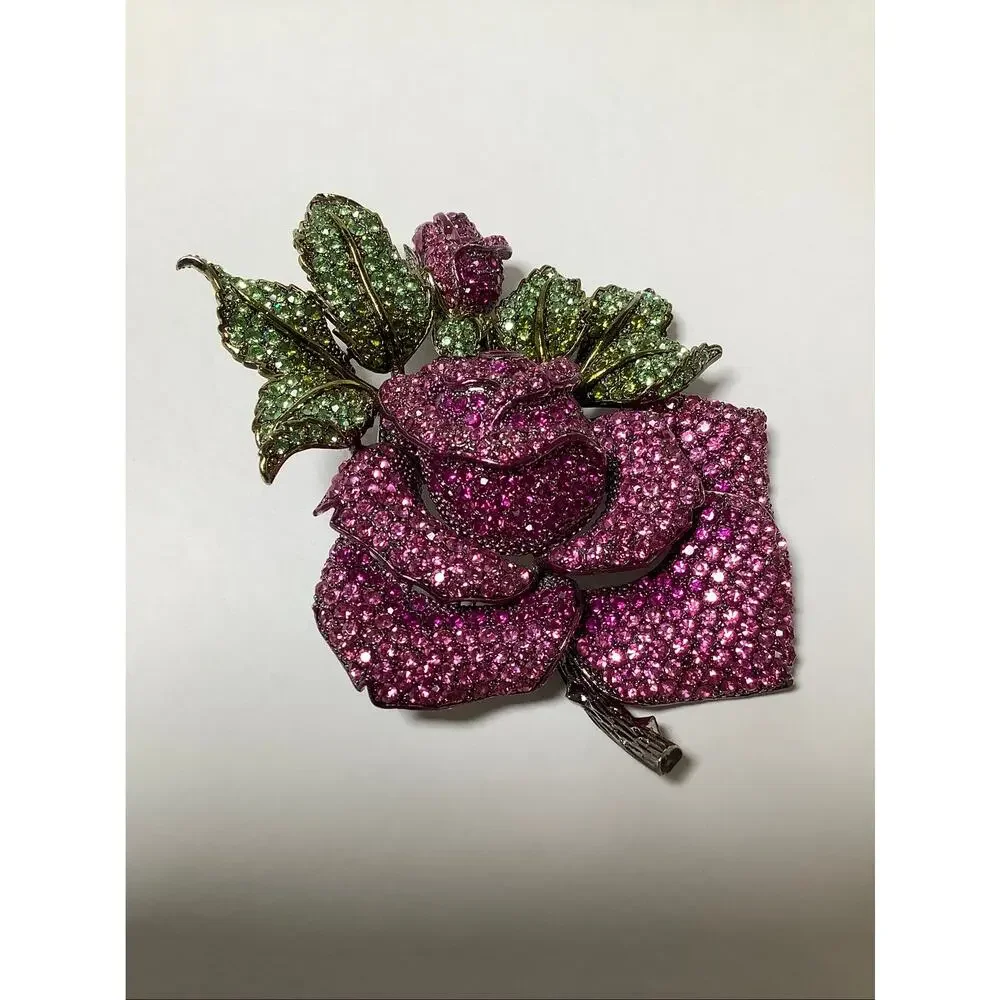 Vintage Pink Rose Flower Green Leaf Rhinestone Crystal Statement Brooch F15-22